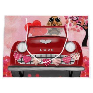 Cocker Spaniel Driving Car with Hearts Valentine's Large Gift Bag