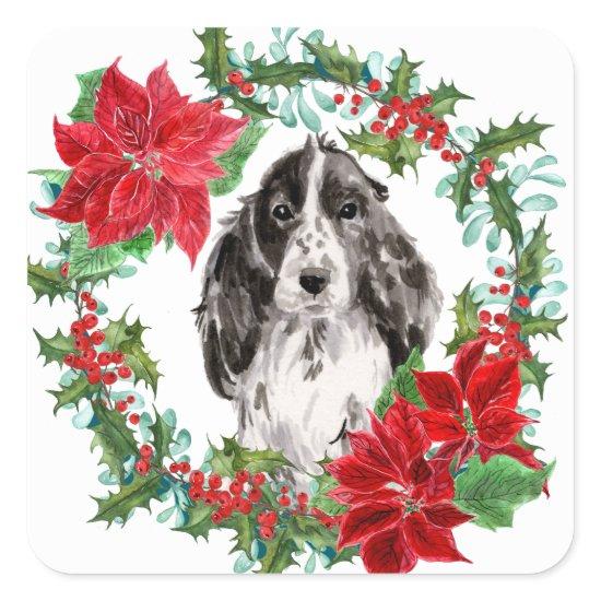 Cocker Spaniel Poinsettia Christmas Wreath Square Sticker