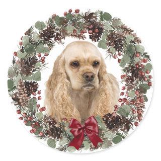 Cocker Spaniel Red Bow Pinecone Wreath Christmas Classic Round Sticker