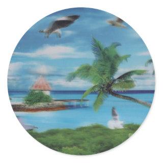 Coconut palm tree beach.jpg classic round sticker