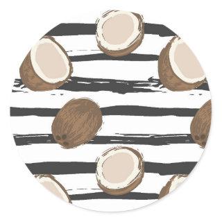 Coconuts on Grunge Stripes Pattern Classic Round Sticker