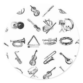 Collection of classical musical instruments classic round sticker