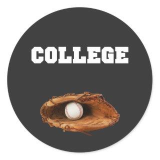 College Baseball a baseball glove and ball Classic Round Sticker