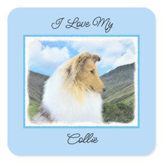 Collie in Mountains (Rough) Painting - Dog Art Square Sticker