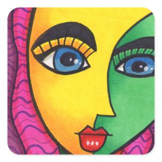 Colorful Abstract Girl Face Square Sticker