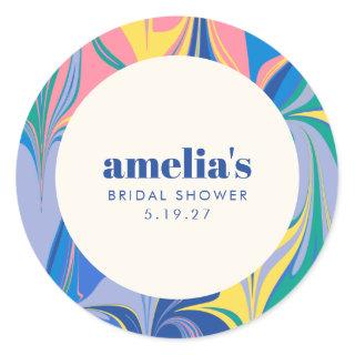 Colorful Abstract Marble Blue Custom Bridal Shower Classic Round Sticker