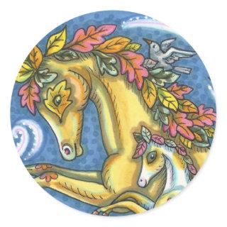COLORFUL AUTUMN LEAVES ON WHIMSICAL HORSE & COLT CLASSIC ROUND STICKER