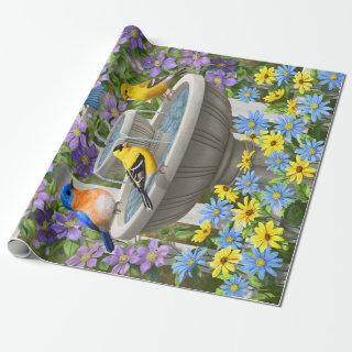 Colorful Birds and Bird Bath Flower Garden