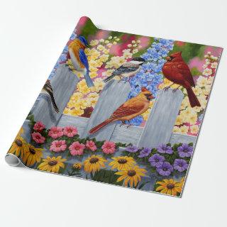 Colorful Birds in Spring Flower Garden