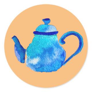 Colorful blue teapot watercolor classic round sticker