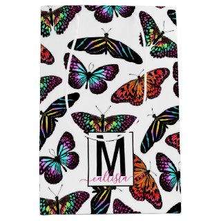 Colorful Butterflies Watercolor Pattern Monogram Medium Gift Bag