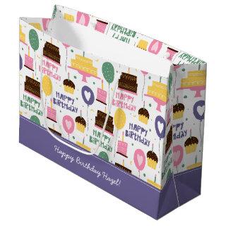 Colorful Cake Pattern Happy Birthday w/ Name + Age Large Gift Bag