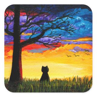 Colorful Cat Oak Tree Landscape Creationarts Square Sticker