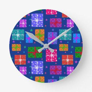 Colorful Christmas giftbox pattern Round Clock