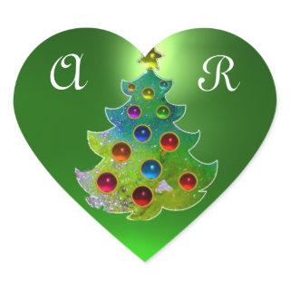 COLORFUL CHRISTMAS TREE IN GREEN GOLD SPARKLES HEART STICKER