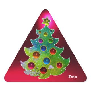 COLORFUL CHRISTMAS TREE IN GREEN GOLD SPARKLES TRIANGLE STICKER