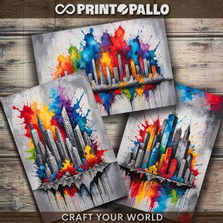 Colorful city skyline with watercolor splashes  sheets
