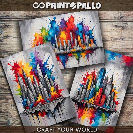Colorful city skyline with watercolor splashes  sheets