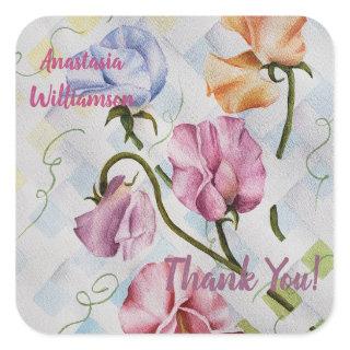 COLORFUL CLIMBING SWEET PEA FLOWERS THANK YOU SQUARE STICKER