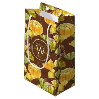 Colorful Cozy Autumn Watercolor Pattern Monogram Small Gift Bag