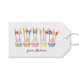 Colorful Cupcakes And Candles Happy Birthday Gift Tags