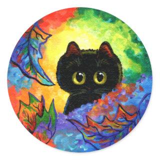 Colorful Cute Black Cat Fall Leaves Creationarts Classic Round Sticker