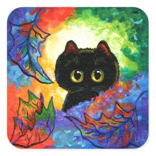 Colorful Cute Black Cat Fall Leaves Creationarts Square Sticker
