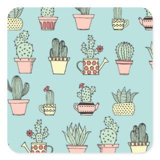 Colorful Cute Cactus In Hand Drawn Style Pattern Square Sticker