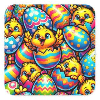 Colorful Easter Eggs and Chicks Hatching  Square Sticker