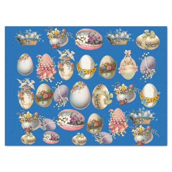 COLORFUL EASTER EGGS, FLOWERS ,WHITE DOVES IN BLUE TISSUE PAPER