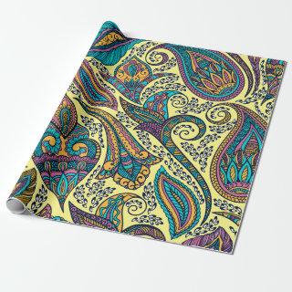 Colorful ethnic paisley pattern on yellow