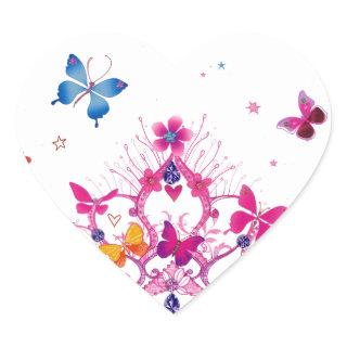 Colorful Flying Butterflies with Crown Art Print Heart Sticker