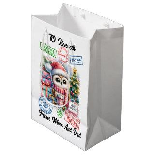Colorful Holiday Sack With Cheerful Santa owl Medium Gift Bag