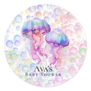 Colorful Jellyfish and Bubbles Girl Baby Shower Classic Round Sticker