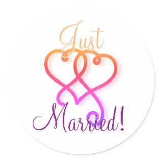Colorful Just Married Rainbow Linked Swirly Hearts Classic Round Sticker