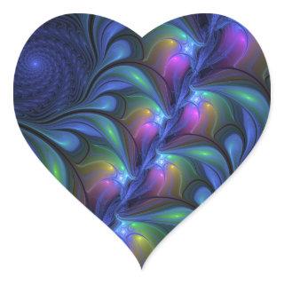 Colorful Luminous Abstract Blue Pink Green Fractal Heart Sticker