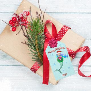 Colorful Mermaid Holding Christmas Wreath  Gift Tags