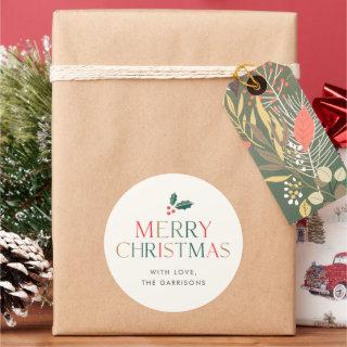 Colorful Merry Christmas Greenery Leaves Classic Round Sticker