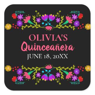 Colorful Mis Quince Anos Mexican Fiesta Flowers Square Sticker