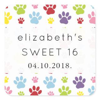 Colorful Paws, Paw Pattern, Dog Paws, Sweet 16 Square Sticker