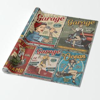 Colorful pin up posters collection with garage rep