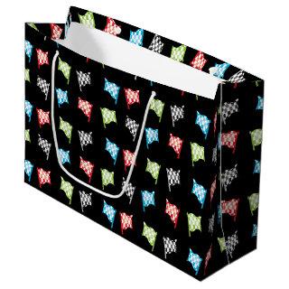 Colorful Racing Flags on Black Birthday Party Large Gift Bag