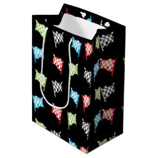 Colorful Racing Flags on Black Birthday Party Medium Gift Bag