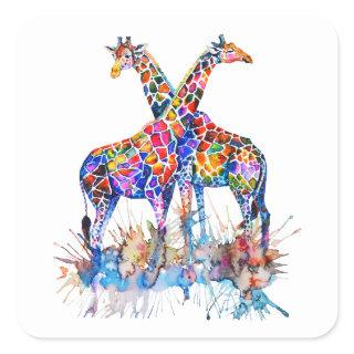 Colorful Rainbow Watercolor Splatter Giraffes Square Sticker