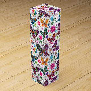 Colorful Retro Butterflies And Flowers Pattern Wine Box