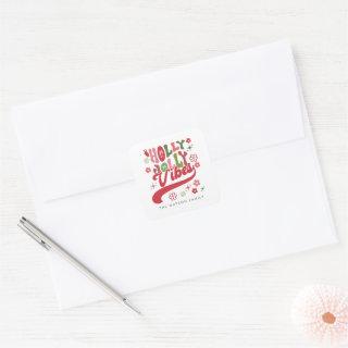 Colorful Retro Groovy Holly Jolly Vibes Holiday Square Sticker