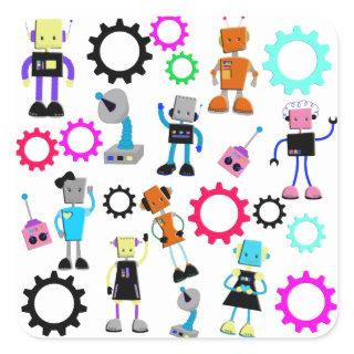 Colorful Retro Robots Square Sticker