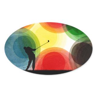 Colorful Retro Silhouette Golfer Oval Sticker