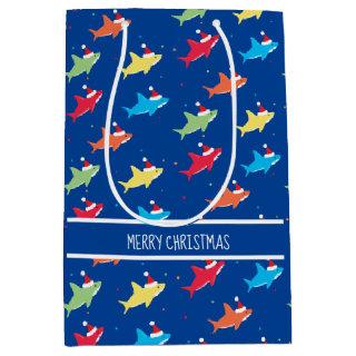 Colorful Sharks Santa Hat Christmas Medium Gift Bag
