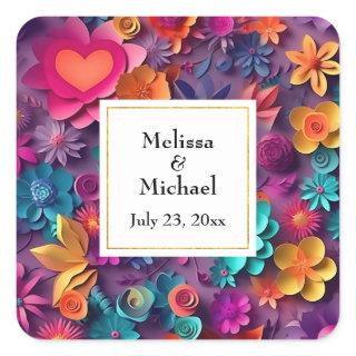 Colorful Spring Flowers Pattern Wedding Square Sticker